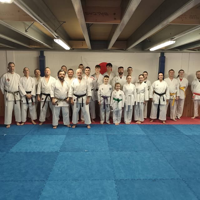 Karate practitioners in white uniforms stand in a line on blue mats beneath a Japanese flag.